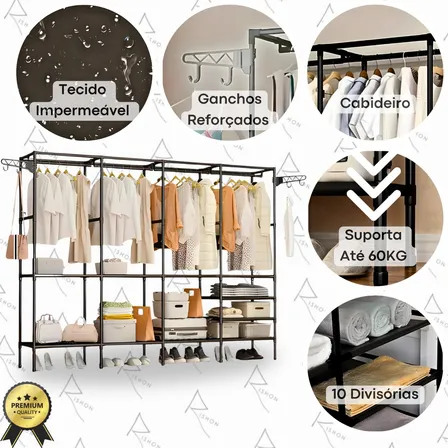 Guarda Roupa Dobravel Closet Aberto Organizador De Roupas Desmontavel E Arara Organizadora 4 Colunas Em Aço Resistente Rishon Preto