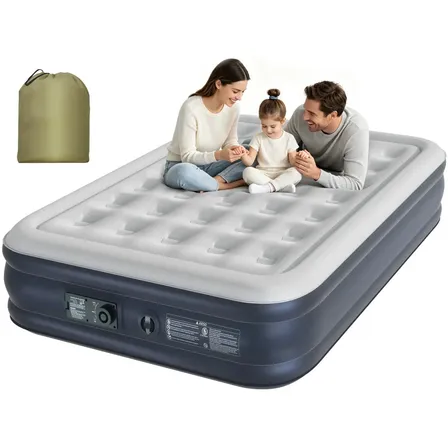 Colchão Inflável Queen Casal Com Bomba Elétrica Embutida 200x154x43cm Portátil Azul E Branco