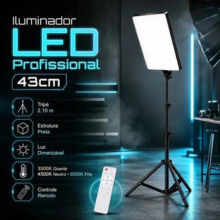 Iluminador Led Profissional Quadrado Lumi Para Fotos E Vídeos, Com Tripé De 2,10m E Luz Ajustável 127/220v Preto Branco