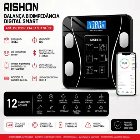 Balança Bioimpedancia Digital 180kg Smart Imc Profissional Rishon Com Aplicativo Preto