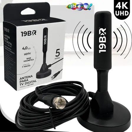 Antena Digital 4k Hd Interna Externa Para Tv Samsung LG Smart Led Lcd 3d Uhf Cabo Longo Com Base Magnética Preto