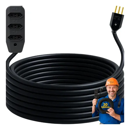 Extensão 30metros Cabo Pp Reforçada Obra Profissional 10/20a Preto 127/220v