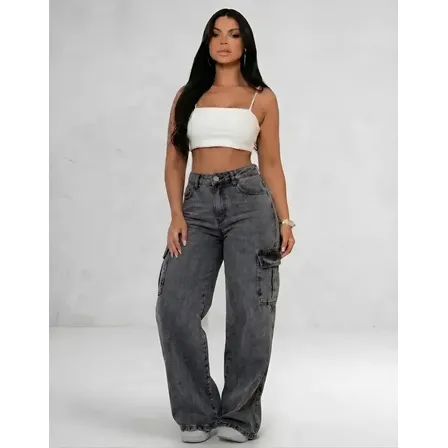 Calça Cargo Feminina Wide Leg Cintura Alta Jeans  Stillger