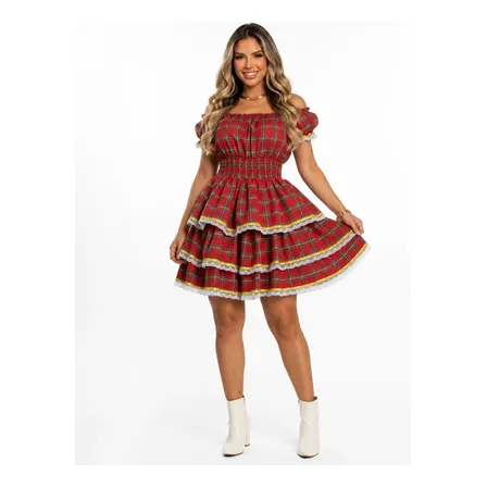 Vestido Quadrilha Xadrez Feminino Ombro A Ombro Festa Junina
