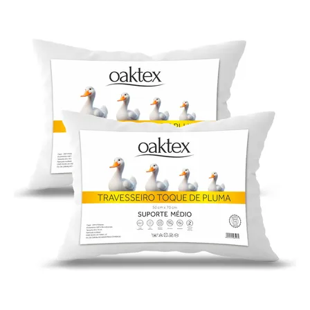 Kit 2 Travesseiros 70x50 Antialérgico Lavável Fibra Siliconada Toque De Pluma De Ganso Oaktex Cor Branco