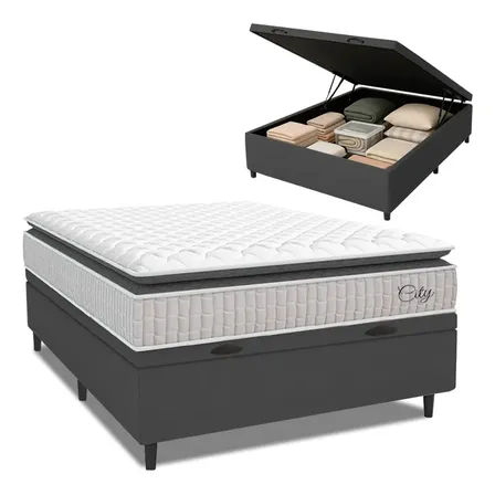 Cama Box Baú Colchão Casal Molas Ensacadas City Pillow Top 138x188x64cm Branco E Cinza Hellen Suporta Até 110kg Por Pessoa Branco/cinza