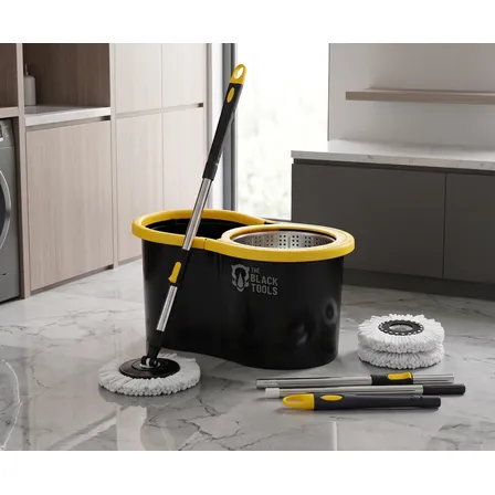 Mop Giratório 360° Balde Inox 8 Litros Centrífuga C/ 2 Refis Preto E Amarelo