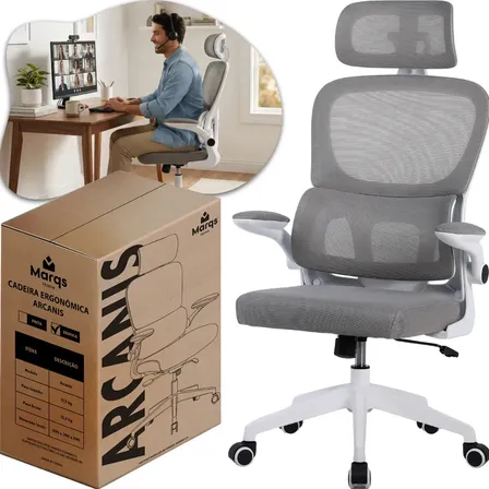Cadeira Escritório Presidente Ergonômica NR17 Marqs Home Arcanis Cinza com Apoio Lombar e Encosto Mesh Premium