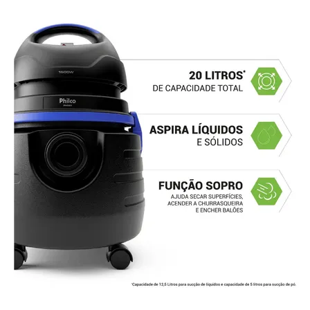 Aspirador De Água E Pó Philco 1500w 20l Pas80 Cor Preto