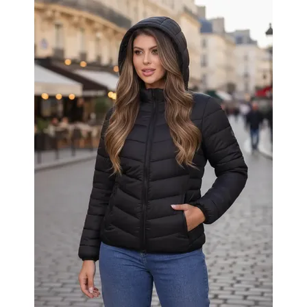 Jaqueta Feminina Puffer Capuz Removível Bobojaco Impermeável Preto M (38/40)