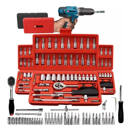Kit Chave Catraca Soquete 46 Peças Indufer em Cromo Vanádio, para Manutenção de Carros e Motos